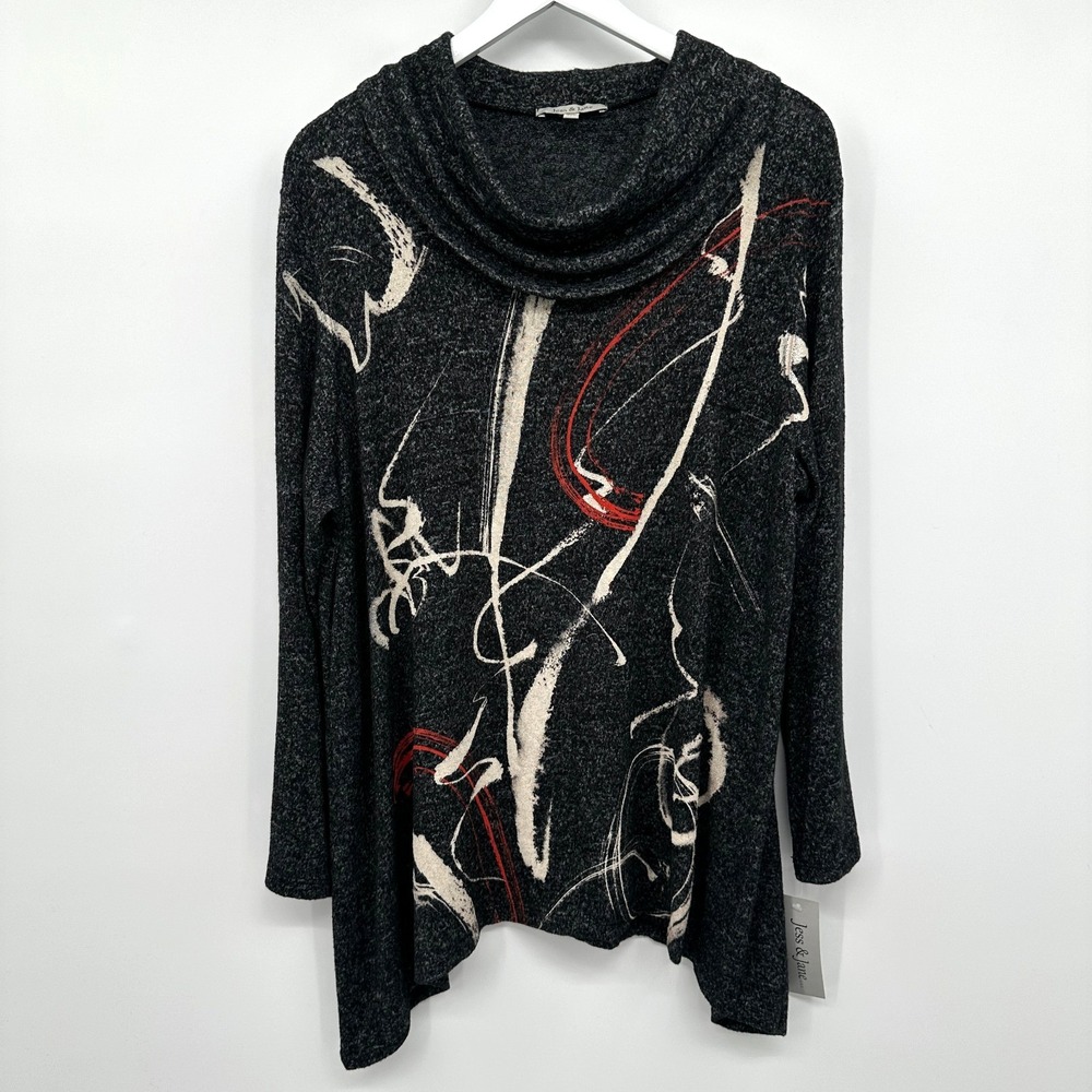 Jess & Jane Matilda Top Shirt Size 1X Brushed Knit Cowl Neck Gray Artsy Boho New